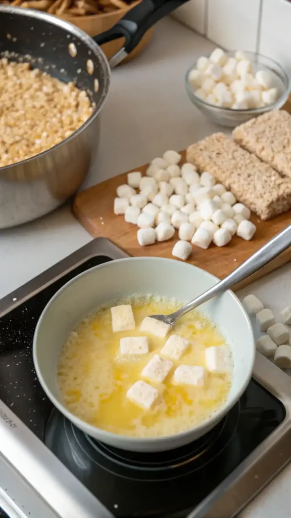 A saucepan with melted butter and marshmallows, ready to be mixed with Rice Crispy cereal.