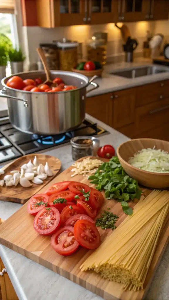 A vibrant kitchen scene with fresh ingredients for spaghetti sauce including tomatoes, garlic, and herbs.