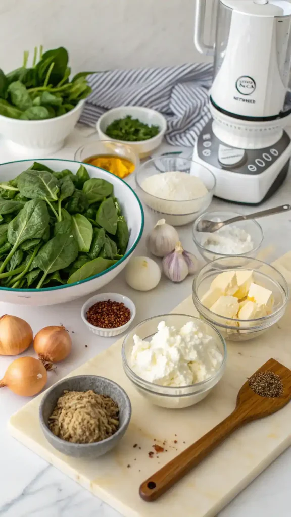 A step-by-step process of making spinach dip with fresh ingredients.