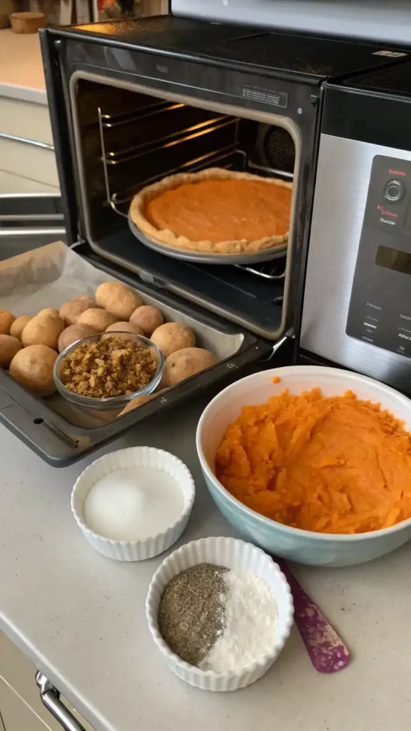 Step-by-step process of making sweet potato pie, including preheating the oven and mixing ingredients.