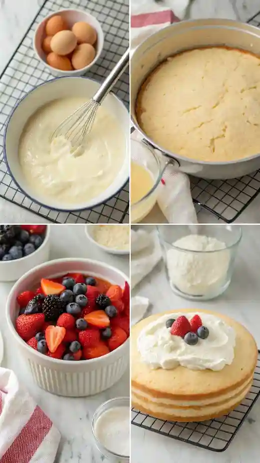 Step-by-step process of making tres leches cake, including mixing ingredients and baking.