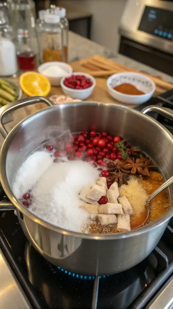 A large pot filled with turkey brine ingredients like salt, sugar, and spices, simmering on a stove.