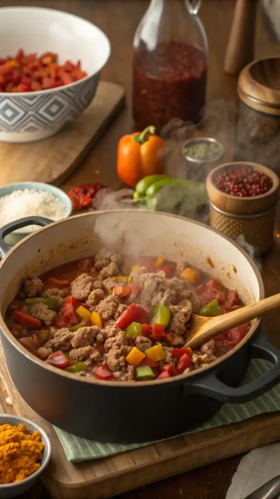 A pot of turkey chili simmering on the stove with colorful ingredients around it.
