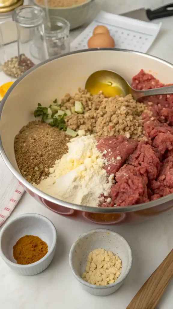 A step-by-step process of making meatloaf with ingredients in a bowl.