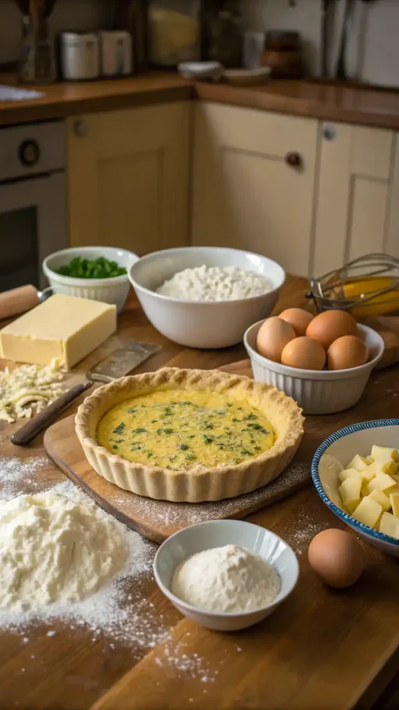 A step-by-step process of making a quiche, showcasing ingredients and preparation steps.