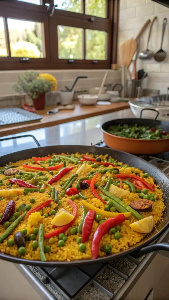 A colorful paella being cooked in a large pan, featuring rice, vegetables, and spices.