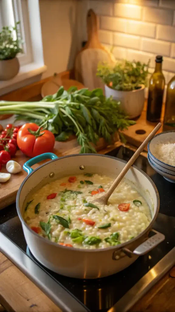 A pot of creamy risotto with fresh vegetables and herbs in a cozy kitchen.
