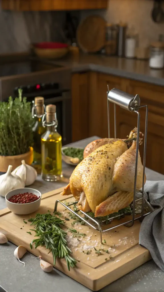 A whole rotisserie chicken being seasoned with herbs and spices in a kitchen.