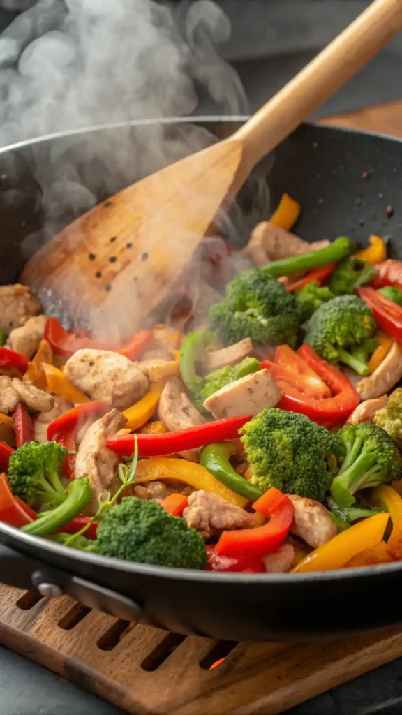 A colorful chicken stir fry being cooked in a skillet with fresh vegetables.
