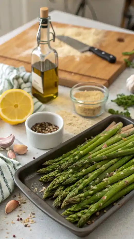 Fresh asparagus, olive oil, garlic, and lemon arranged on a kitchen counter for roasting.