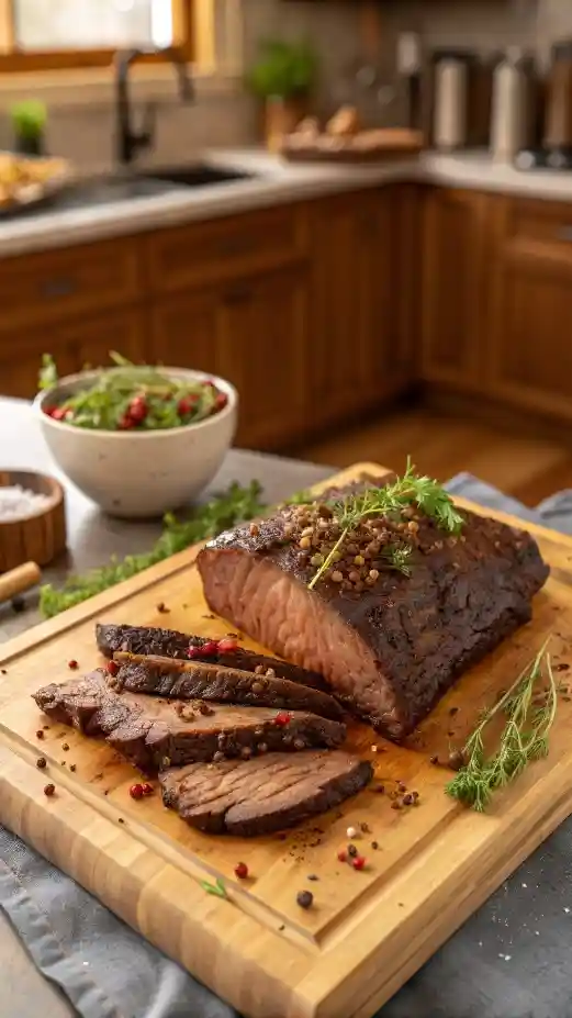 A perfectly cooked brisket resting on a wooden cutting board, garnished with fresh herbs.