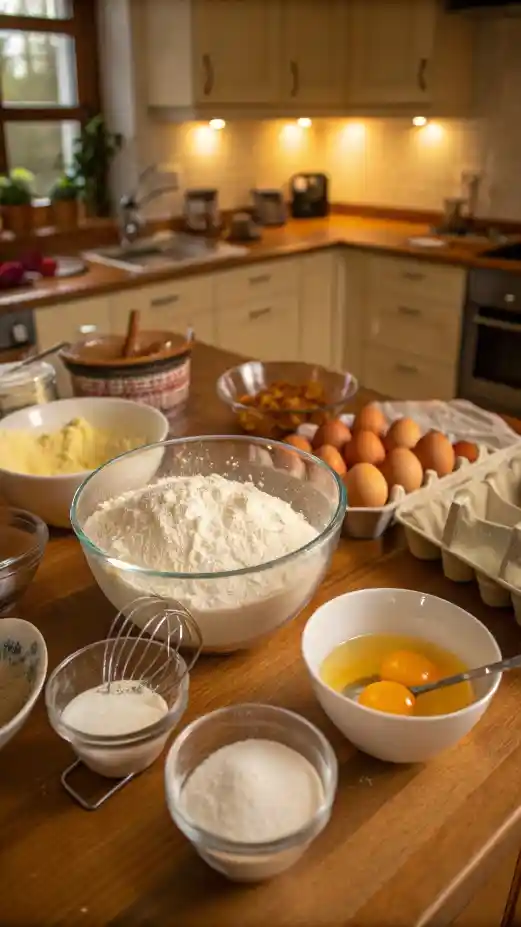 A step-by-step guide to making a cake, showcasing ingredients and baking process.