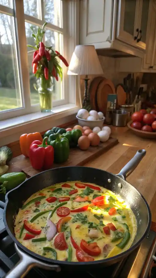 A delicious frittata being prepared with colorful vegetables in a skillet.