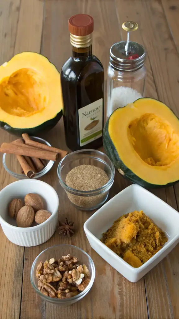 Ingredients for acorn squash recipe displayed on a wooden table.