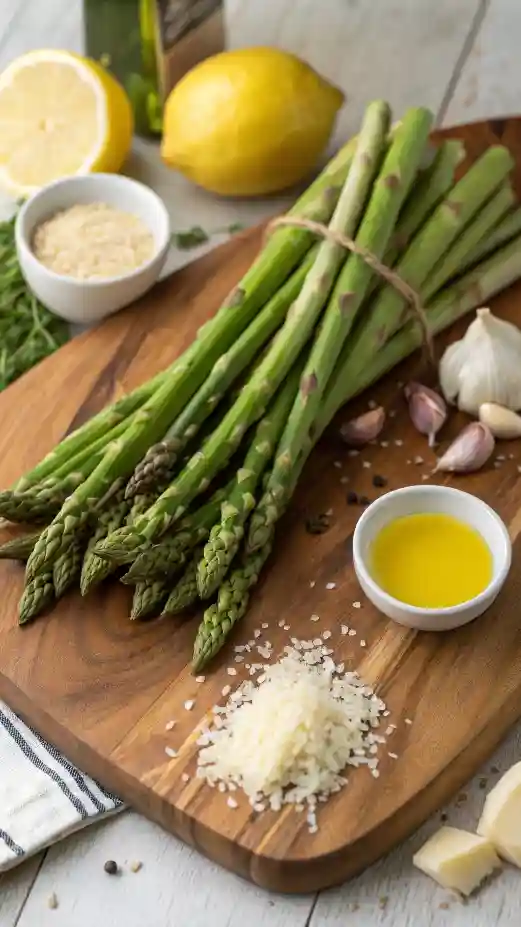 Ingredients for asparagus recipe including fresh asparagus, olive oil, garlic, lemon juice, Parmesan cheese, salt, and pepper.