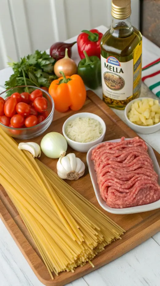 Ingredients for baked spaghetti displayed on a wooden countertop.