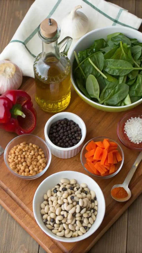 Ingredients for black-eyed peas recipe beautifully arranged on a wooden table.