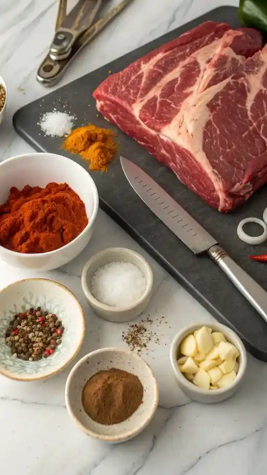Ingredients for brisket recipe displayed on a kitchen counter.