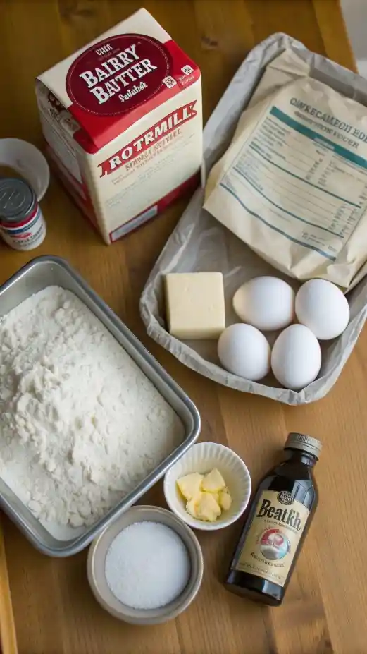 Ingredients for buttermilk pancakes displayed on a countertop.