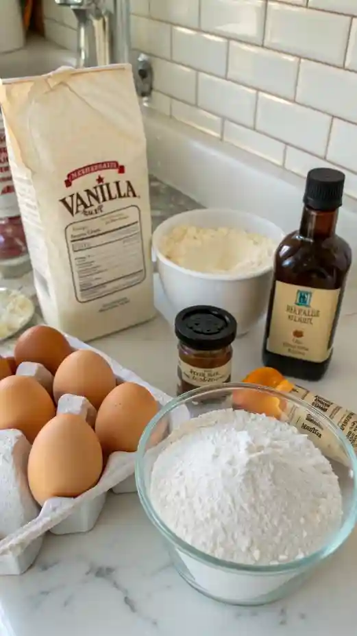 Ingredients for a cake recipe displayed on a kitchen counter.
