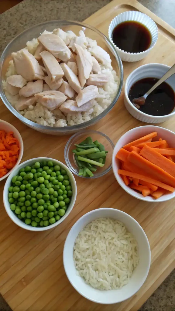 Ingredients for chicken fried rice including cooked rice, diced chicken, mixed vegetables, and sauces.