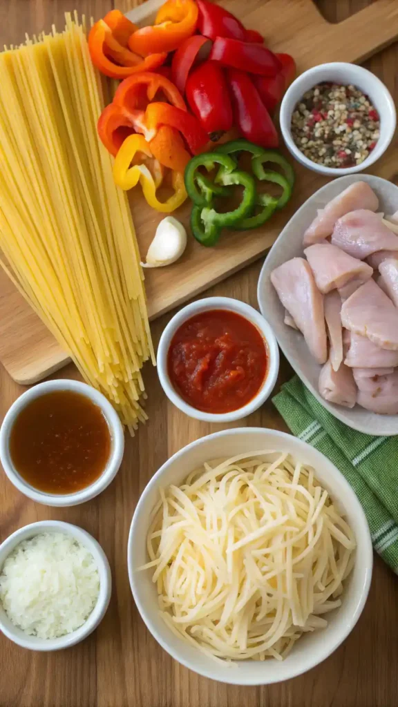 Ingredients for chicken spaghetti displayed on a wooden table.
