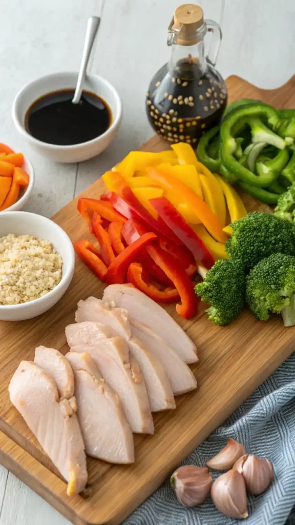 Ingredients for chicken stir fry displayed on a cutting board.