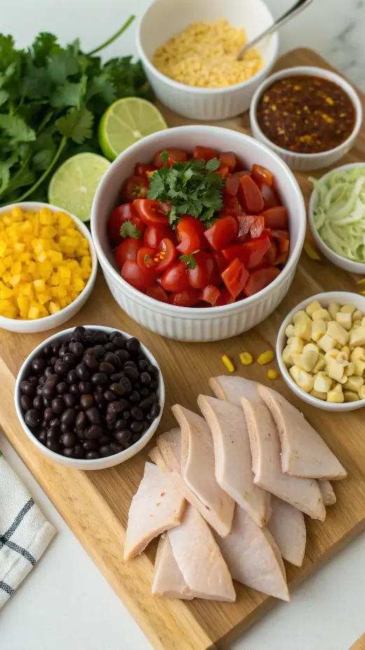 Ingredients for chicken tortilla soup displayed on a cutting board.