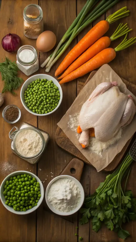 Ingredients for chicken and dumplings including chicken, vegetables, and spices on a wooden table.