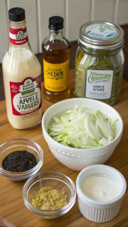Ingredients for coleslaw dressing displayed on a wooden table.