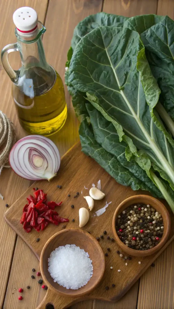 Ingredients for collard greens recipe including fresh greens, garlic, onion, and spices.