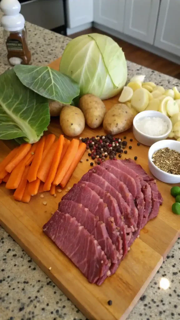 Ingredients for corned beef and cabbage including brisket, cabbage, carrots, and potatoes on a cutting board.