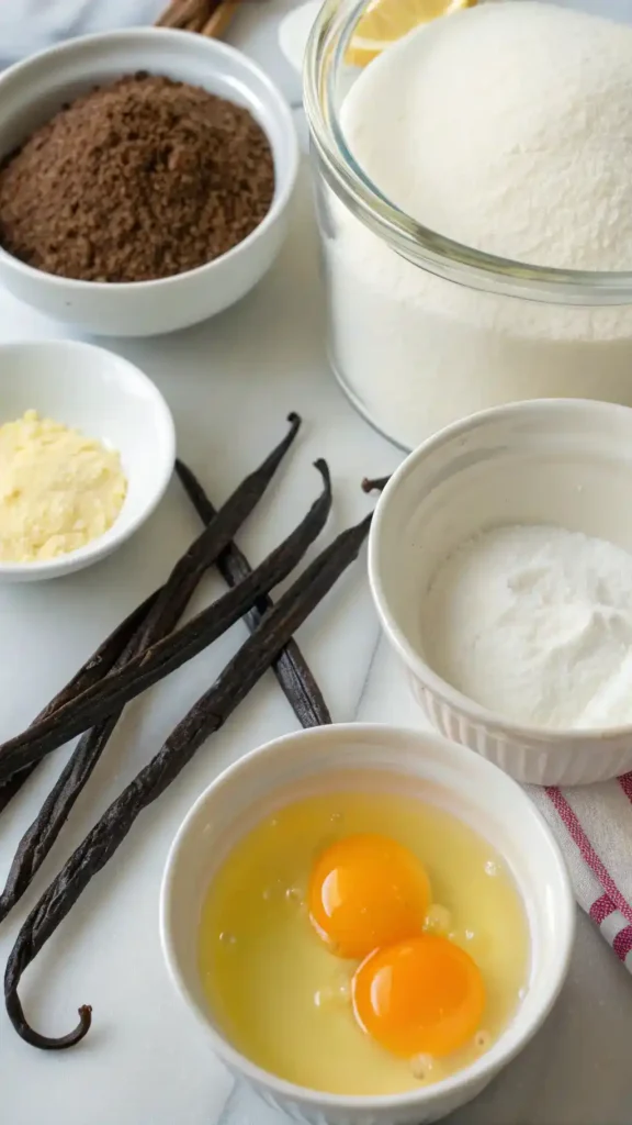 Ingredients for creme brulee including heavy cream, sugar, egg yolks, and vanilla extract.