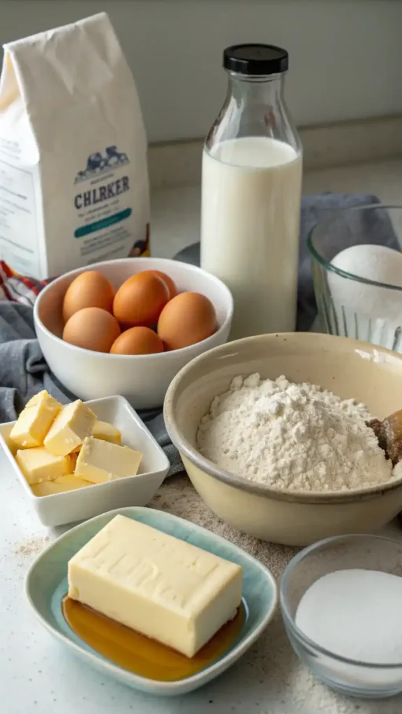 Ingredients for making crepes displayed on a kitchen counter.