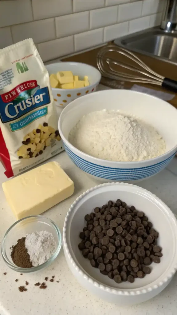Ingredients for edible cookie dough recipe displayed on a kitchen counter.