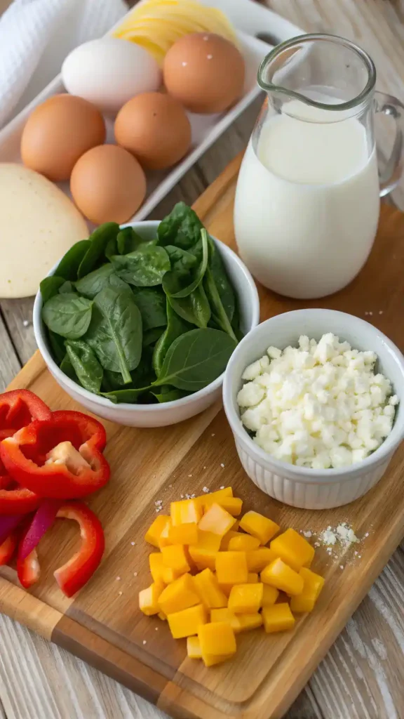 Ingredients for egg bites displayed on a wooden cutting board.