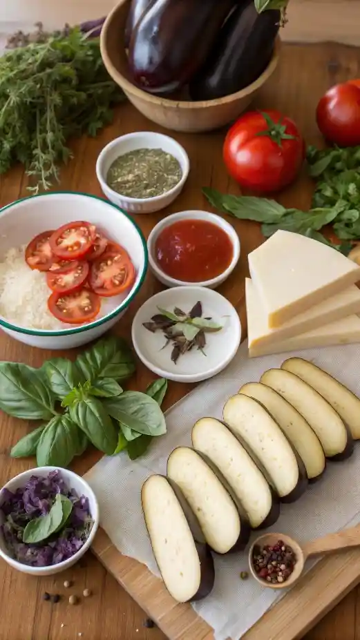 Ingredients for eggplant parmesan including eggplant, cheese, and herbs displayed on a kitchen counter.