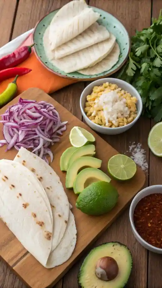 Ingredients for fish tacos displayed on a wooden table.