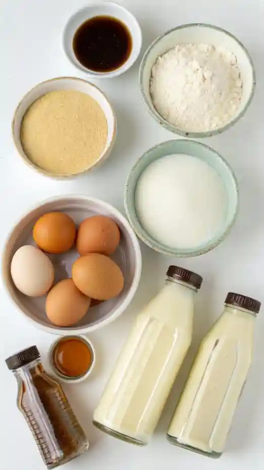 Ingredients for flan recipe displayed on a wooden table.