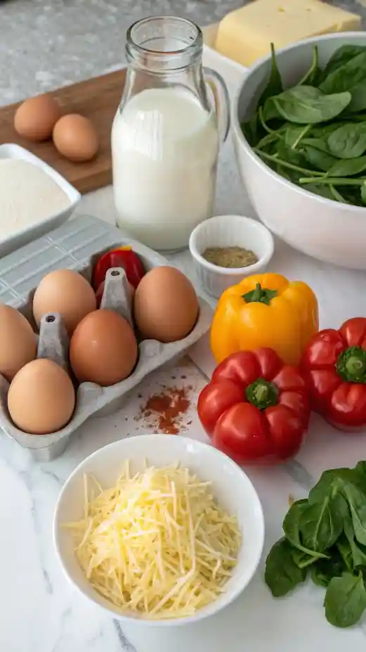 Ingredients for a frittata including eggs, milk, cheese, and fresh vegetables.