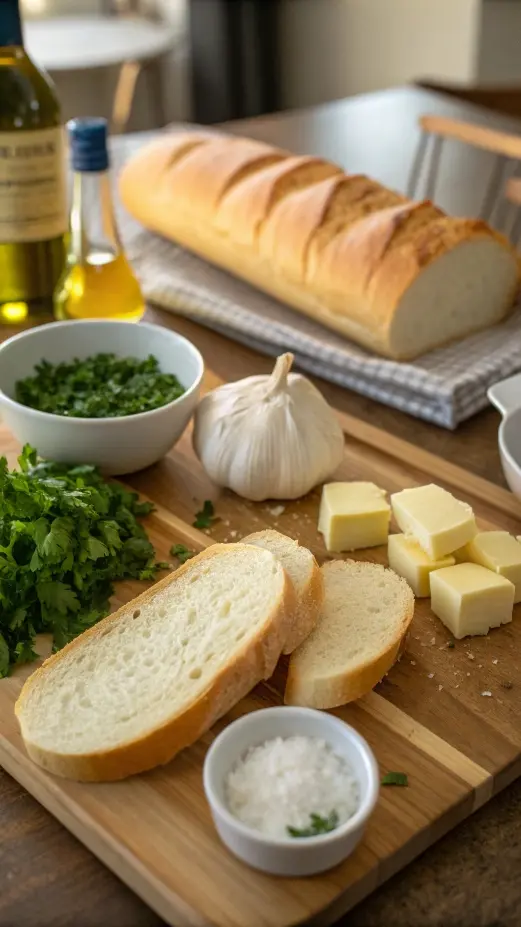 Ingredients for garlic bread including garlic, butter, parsley, and bread.