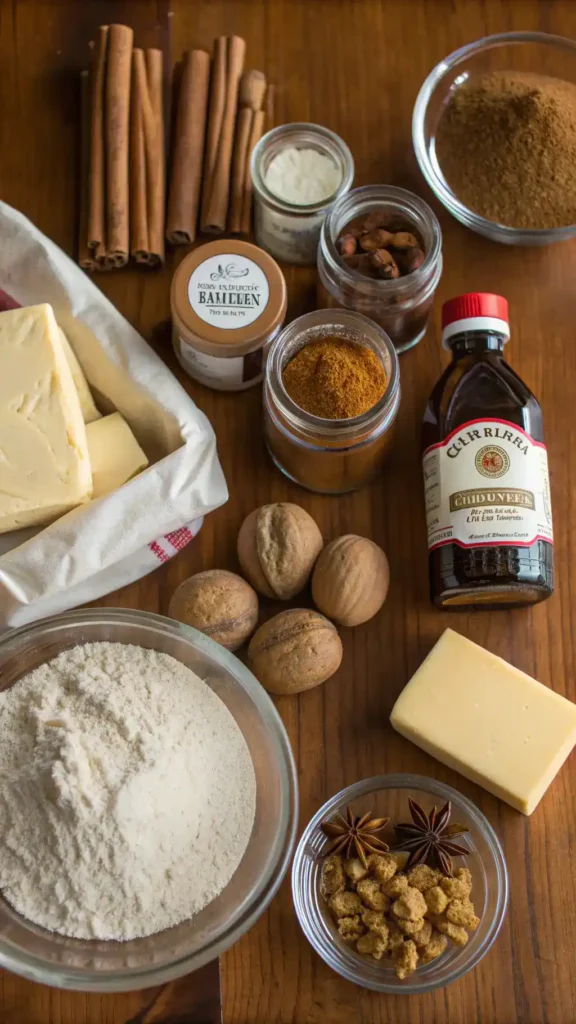 Ingredients for gingerbread cookies displayed on a wooden countertop.