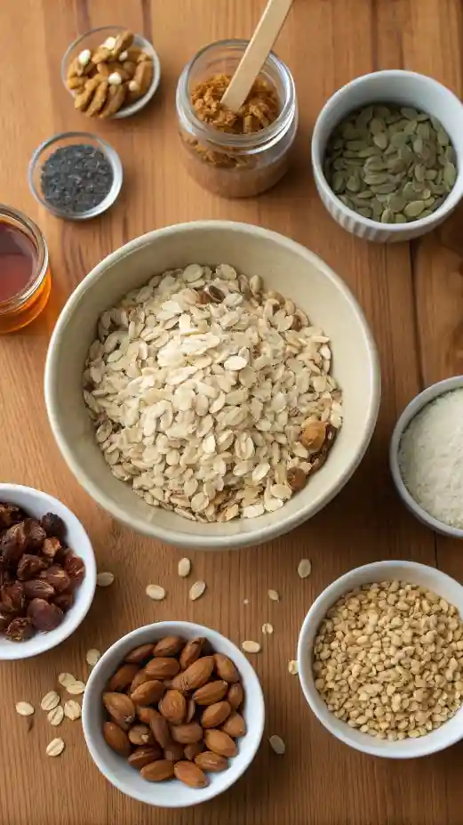 Ingredients for a granola recipe displayed on a wooden table.