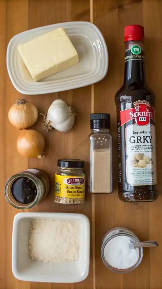 Ingredients for making gravy displayed on a wooden countertop.