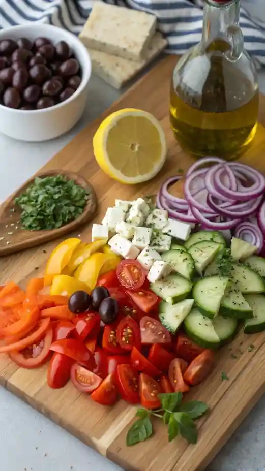 Ingredients for a Greek salad displayed on a wooden cutting board.