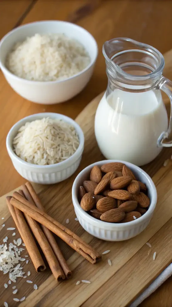 Ingredients for horchata including rice, almonds, cinnamon, and milk.
