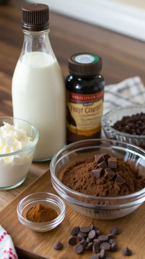 Ingredients for hot chocolate including milk, cocoa powder, sugar, vanilla extract, and toppings like whipped cream and chocolate chips.