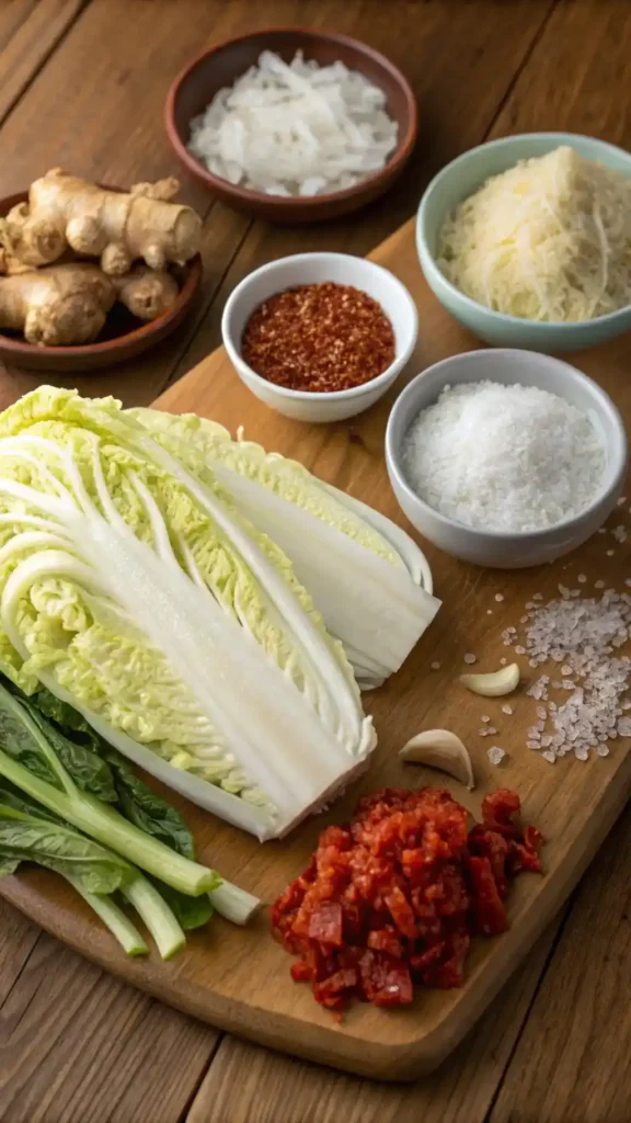 Ingredients for making kimchi displayed on a wooden table.