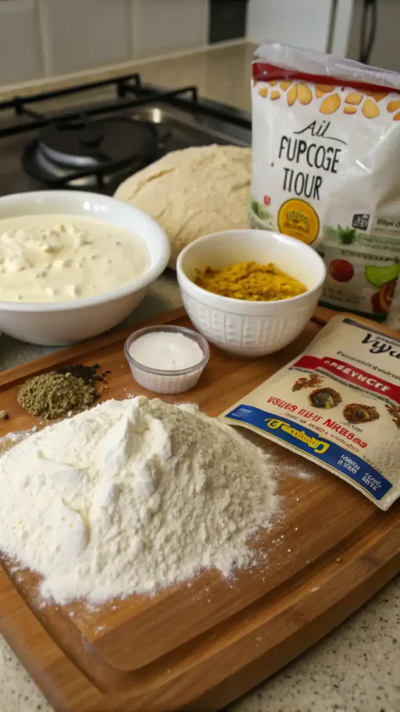 Ingredients for making naan, including flour, yeast, yogurt, and spices.