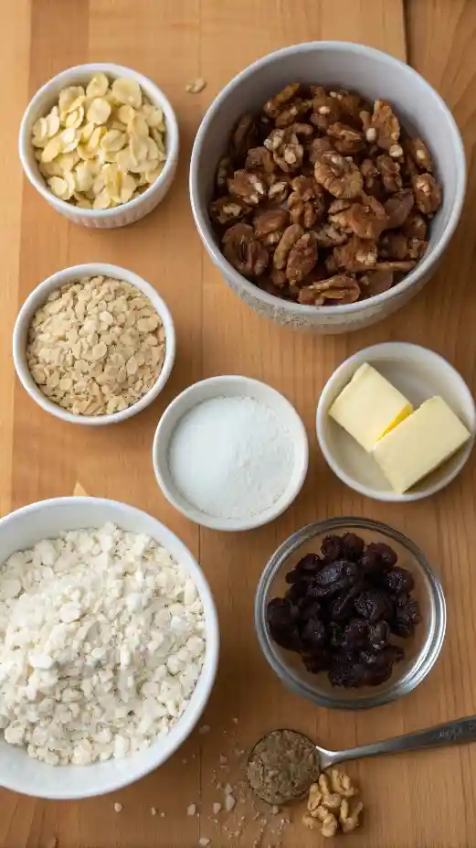 Ingredients for oatmeal raisin cookies including oats, flour, sugar, and raisins.